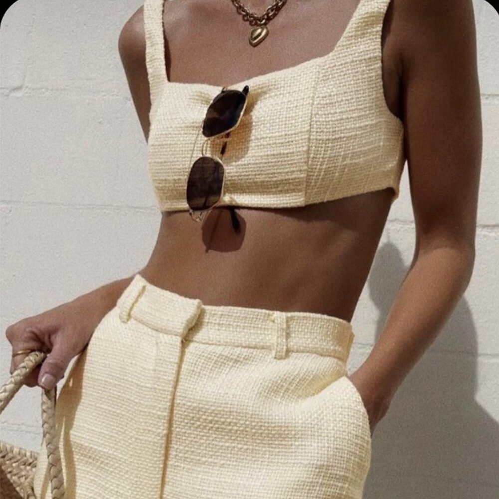 Commense Cream Textured Crop Top